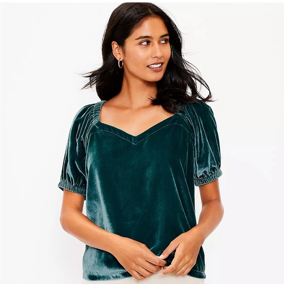 Elegant LOFT Velvet Jeweled Tone Emerald Green Puff Sleeve Boho Top sz. L #AQ - Picture 1 of 10